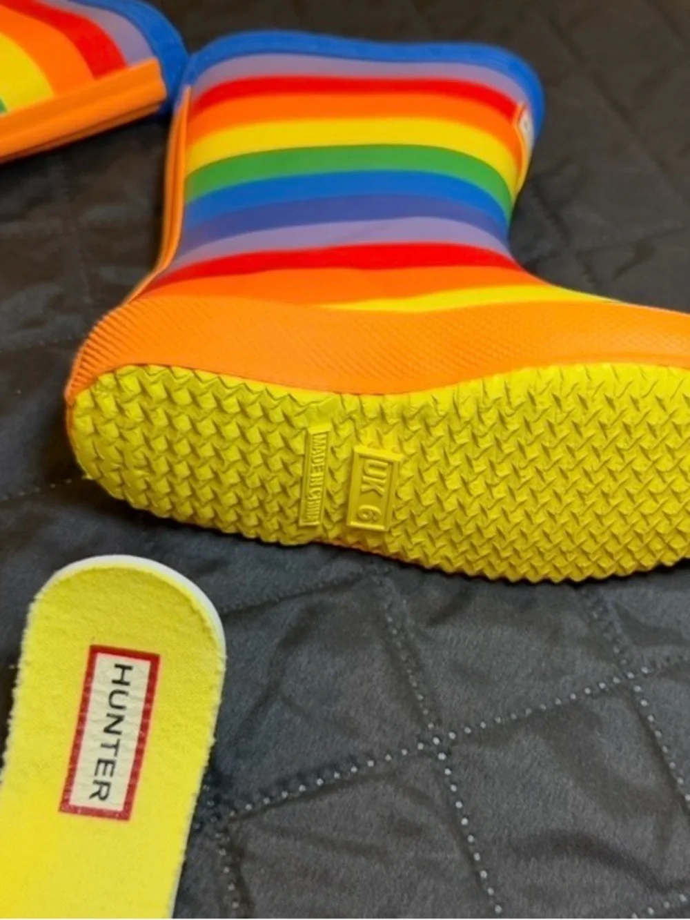 Hunter Kids Rainbow Striped Rain Boots with Yellow Lining